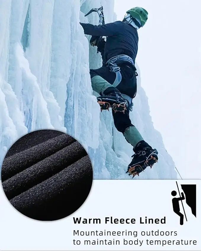 Ice climber on a frozen waterfall with a close-up of warm fleece lining